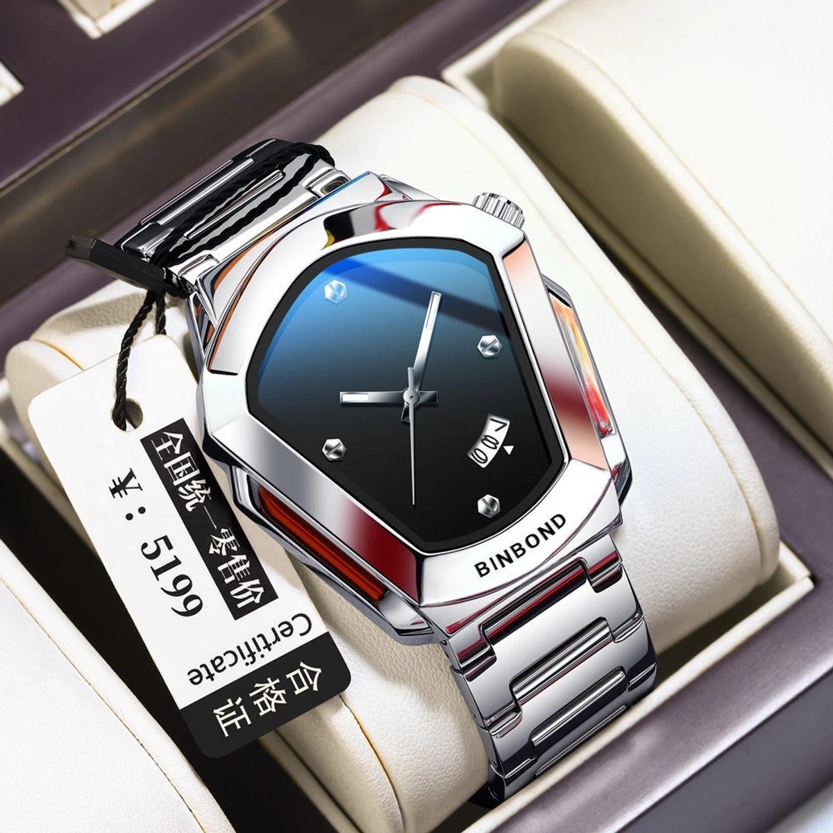 BINBOND WATCH MODEL - 1290  SILVER CHAIN DIAL BLUE  COLOUR WATCH FOR MAN LOCK PUSH + এক পিস ব্যাটারি ফ্রি