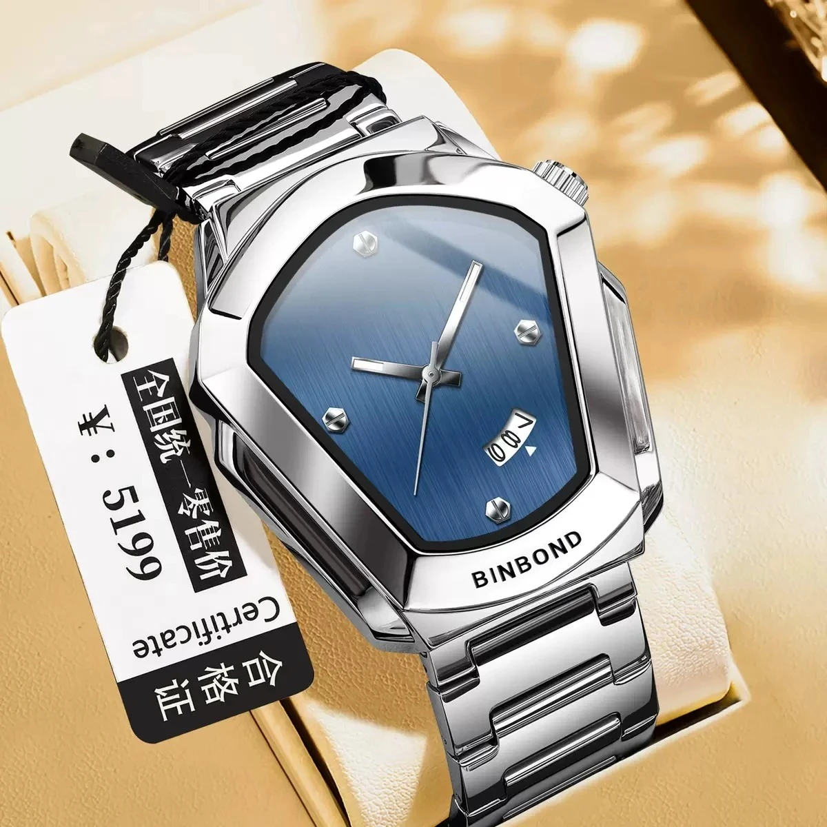 BINBOND WATCH MODEL - 1290  SILVER CHAIN DIAL BLUE  COLOUR WATCH FOR MAN LOCK PUSH + এক পিস ব্যাটারি ফ্রি