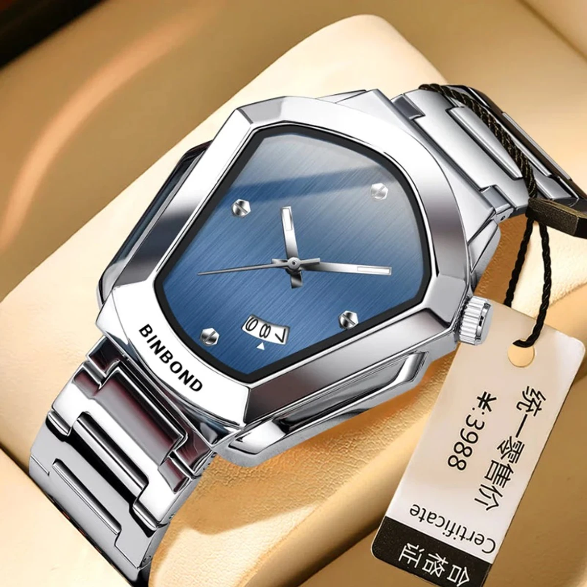 BINBOND WATCH MODEL - 1290  SILVER CHAIN DIAL BLUE  COLOUR WATCH FOR MAN LOCK PUSH + এক পিস ব্যাটারি ফ্রি