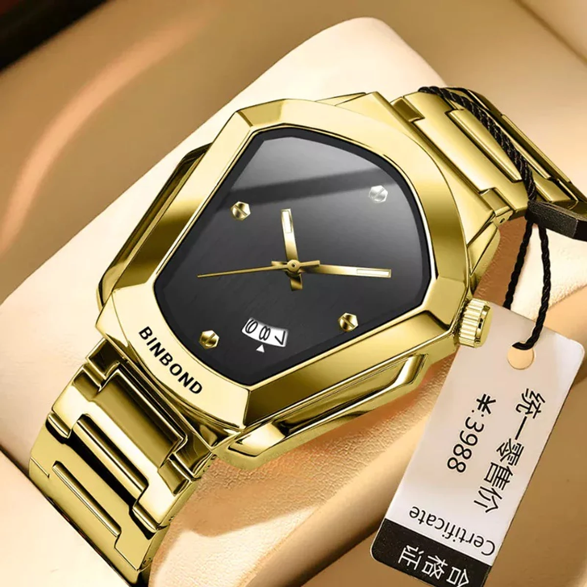 BINBOND WATCH MODEL - 1290  GOLDEN CHAIN DIAL BLACK COLOUR WATCH FOR MAN LOCK PUSH + এক পিস ব্যাটারি ফ্রি