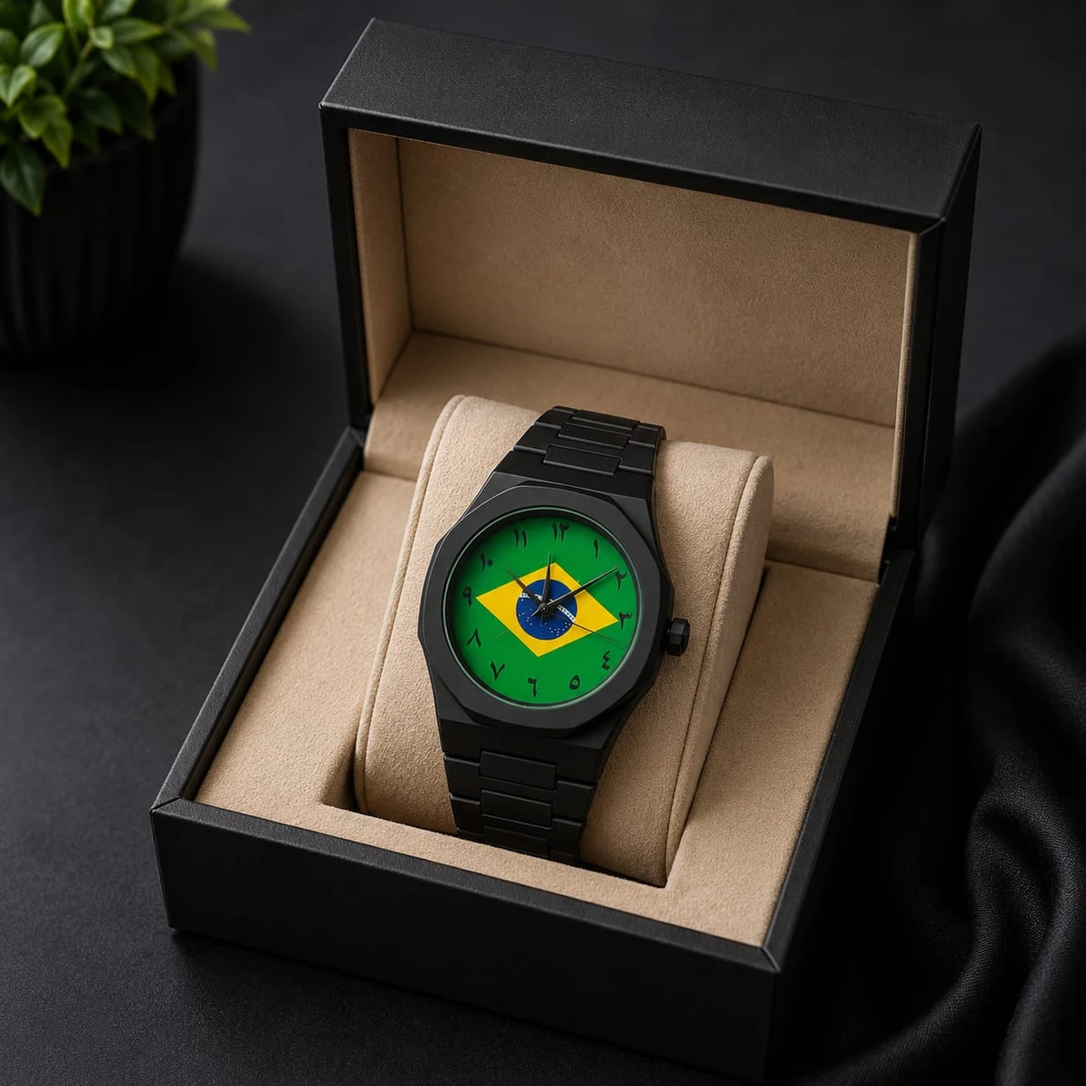 Exclusive Brazil Flag World Cup Football Watch for Men - Black Matte Finish Fiber Look Arabic Numeral Dial Wrist Watch - + এক পিস ব্যাটারি ফ্রি