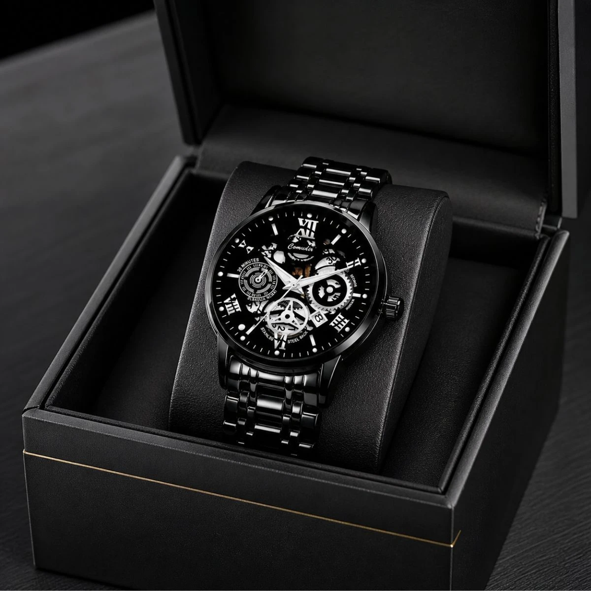 Luxury Watch Model 101 Full Black Colour Dial Black White Watch For Man + এক পিস ব্যাটারি ফ্রি।