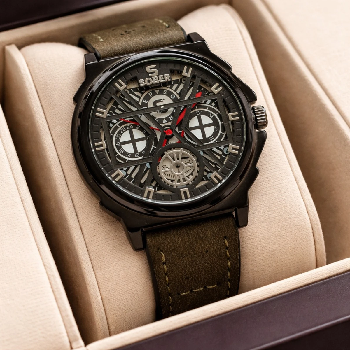 Sober Watch Model 890 Premium Watch Belt Olves Green Dial Black Colour Watch For Man + এক পিস ব্যাটারি ফ্রি।