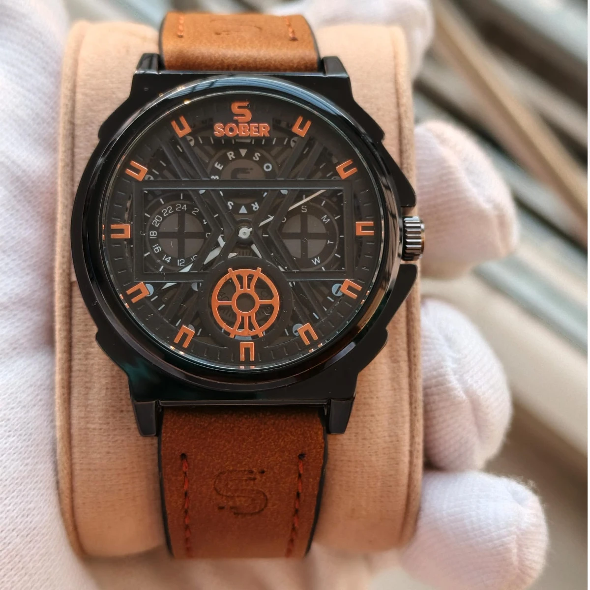 Sober Watch Model 890 Premium Watch Belt Brown  Dial Black Colour Watch For Man + এক পিস ব্যাটারি ফ্রি।