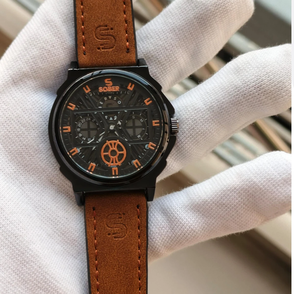 Sober Watch Model 890 Premium Watch Belt Brown  Dial Black Colour Watch For Man + এক পিস ব্যাটারি ফ্রি।