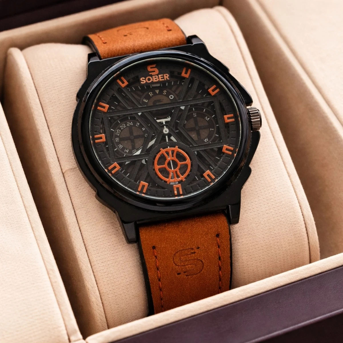 Sober Watch Model 890 Premium Watch Belt Brown  Dial Black Colour Watch For Man + এক পিস ব্যাটারি ফ্রি।