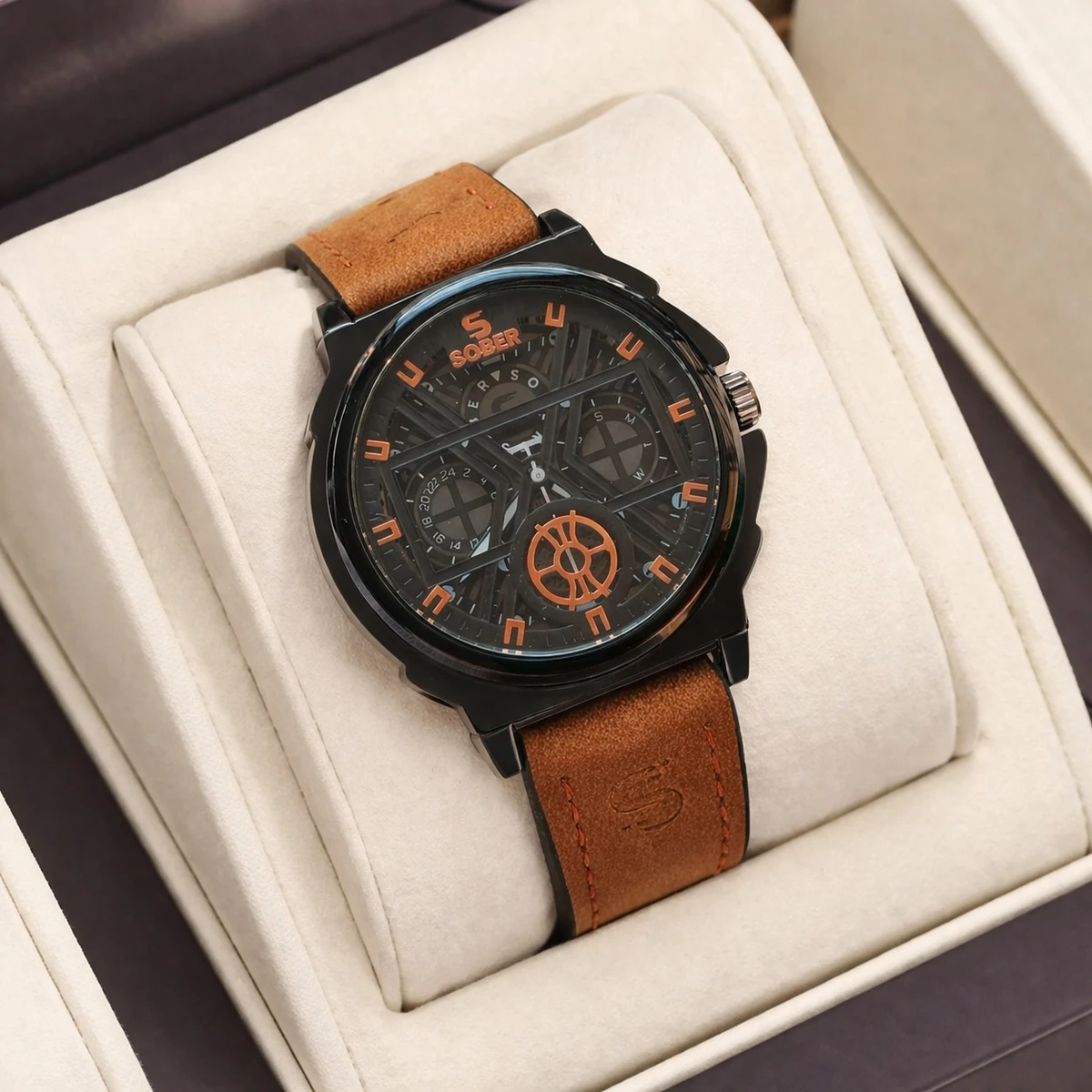 Sober Watch Model 890 Premium Watch Belt Brown  Dial Black Colour Watch For Man + এক পিস ব্যাটারি ফ্রি।