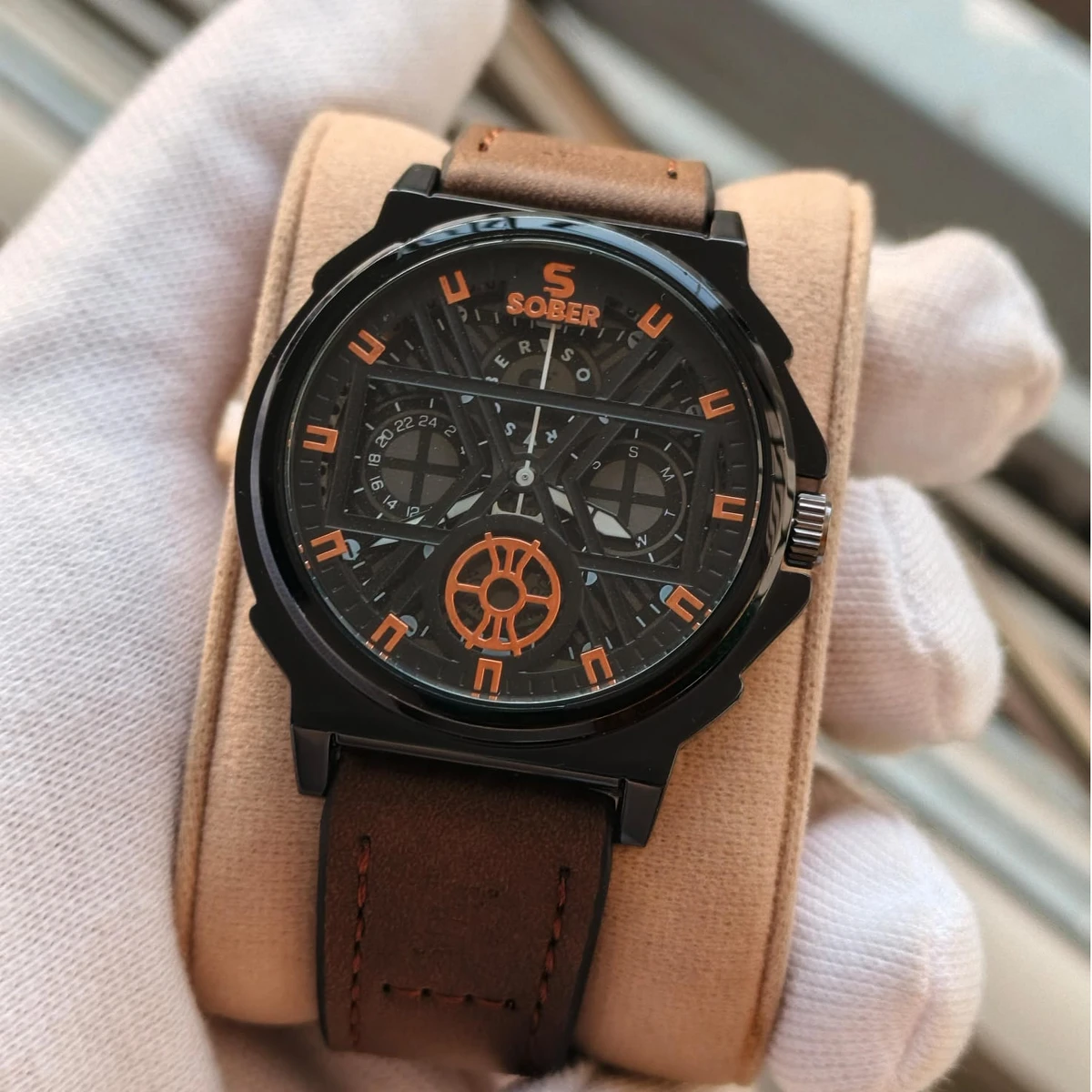 Sober Watch Model 890 Premium Watch Belt Coffee Dial Black Colour Watch For Man  + এক পিস ব্যাটারি ফ্রি।