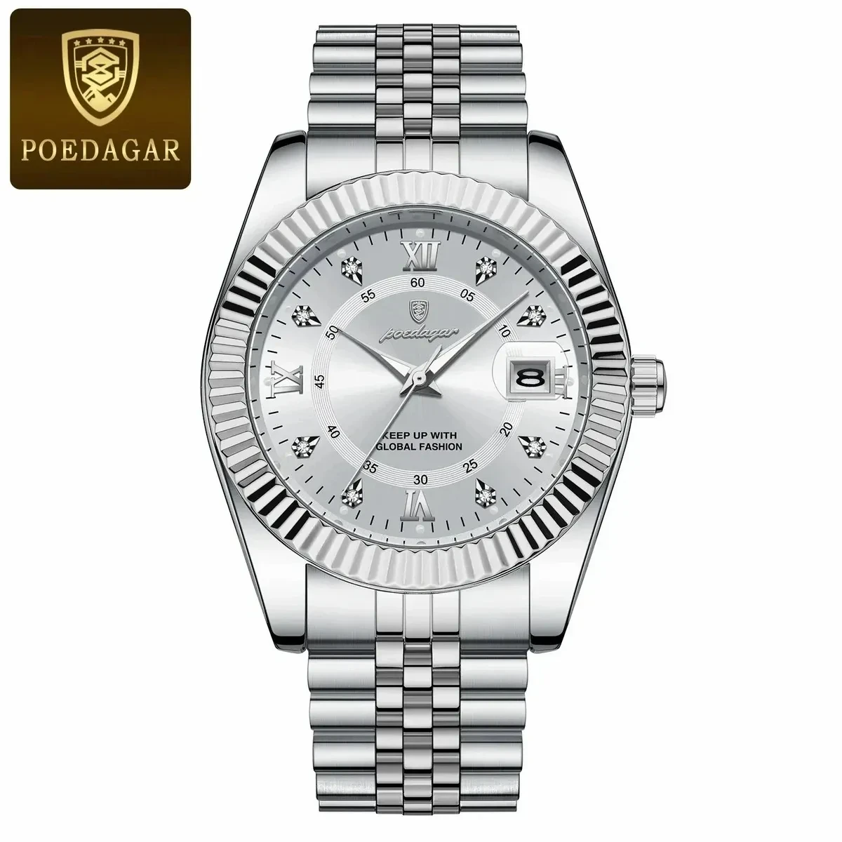 POEDAGAR WATCH MODEL 910 FULL SILVER COLOUR WATCH MAN + এক পিস ব্যাটারি ফ্রি।