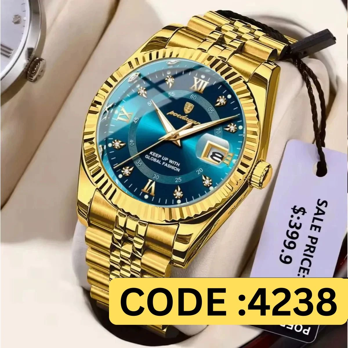 POEDAGAR WATCH MODEL 910 GOLDEN CHAIN DIAL BLUE COLOUR WATCH FOR MAN + এক পিস ব্যাটারি ফ্রি।