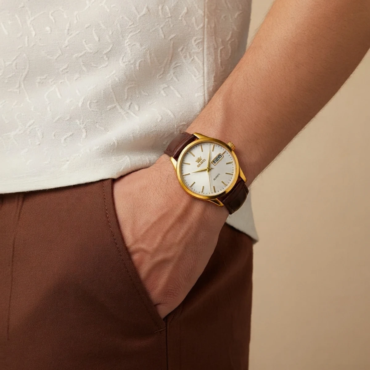 OLEVS WATCH MODEL 6898 FASHION WATCH FOR MEN BELT BROWN DIAL WHITE COLOUR WATCH FOR MEN