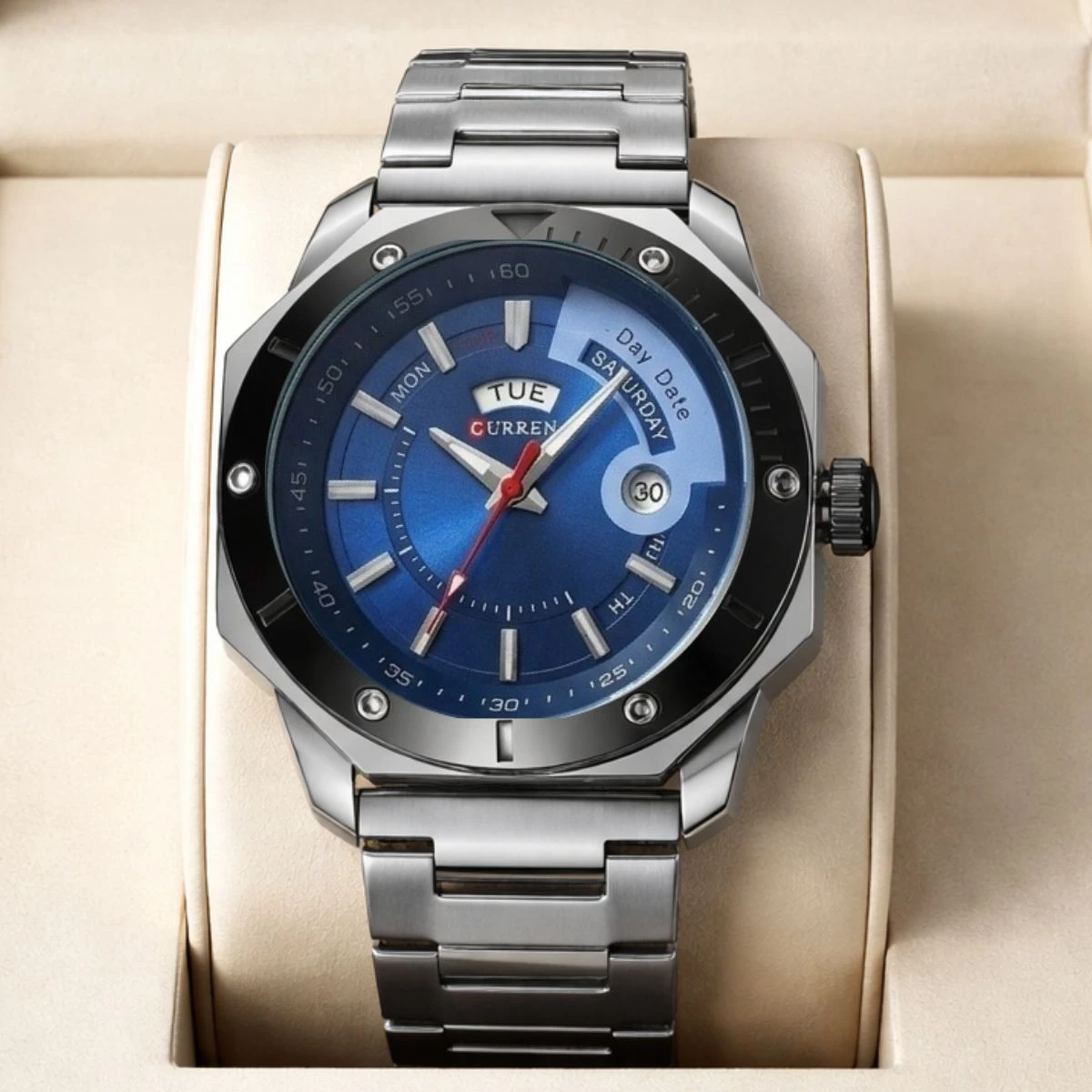 CURREN WATCH MODEL 8344 SILVER CHAIN DIAL BLUE FOR MAN + এক পিস ব্যাটারি ফ্রি।