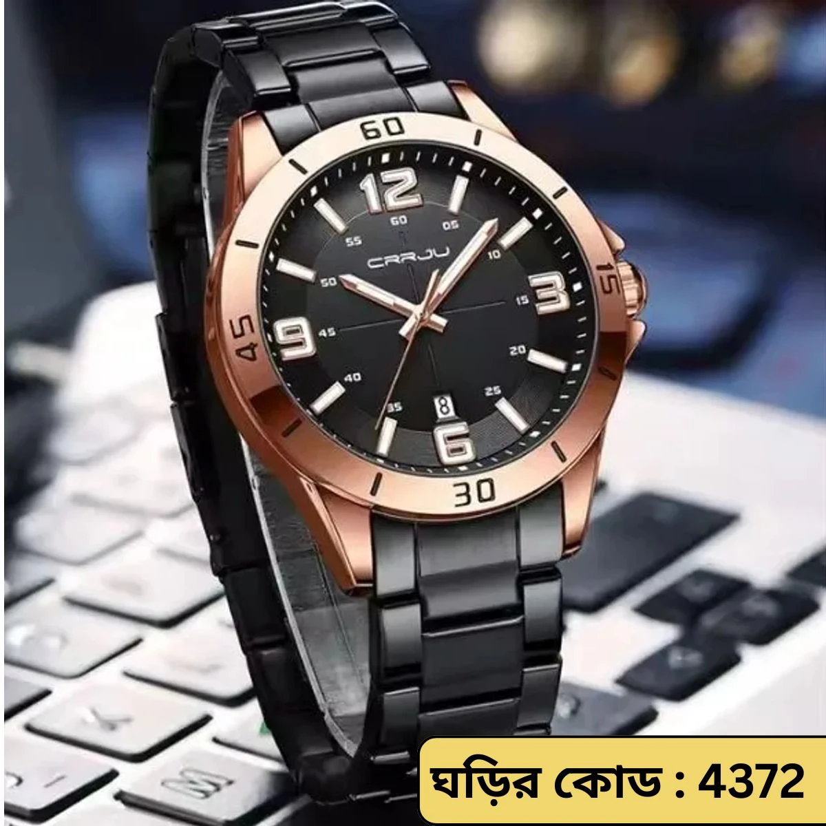 CRRJU MODEL 5003 Watch Chain Black Round Rose Golden Dial Black Colour Man Watch date shoho + এক পিস ব্যাটারি ফ্রি।