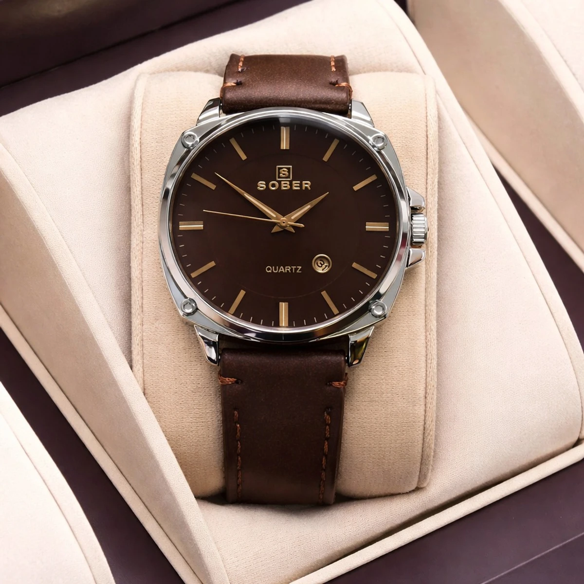 Sober Watch Model 985 Premium Watch Belt Coffe Round Silver Dial Coffe Colour Watch For Man + এক পিস ব্যাটারি ফ্রি।
