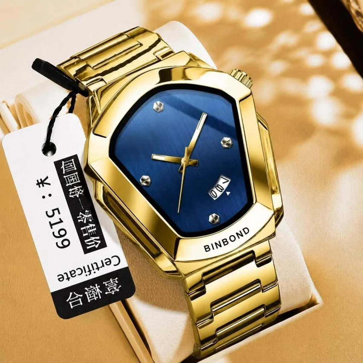 BINBOND WATCH MODEL - 1290 GOLDEN CHAIN DIAL BLUE COLOUR WATCH FOR MAN LOCK PUSH + এক পিস ব্যাটারি ফ্রি
