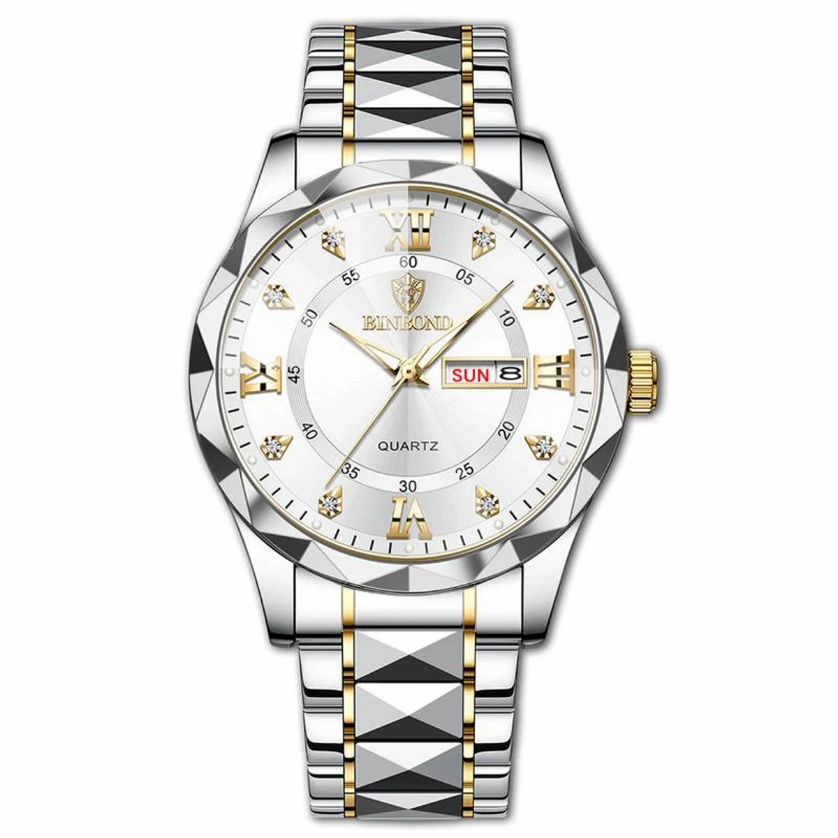 NEW BINBOND DIAMOND CUT DESIGNTOTON AR DIAL WHITE COLOUR WATCH + এক পিস ব্যাটারি ফ্রি।