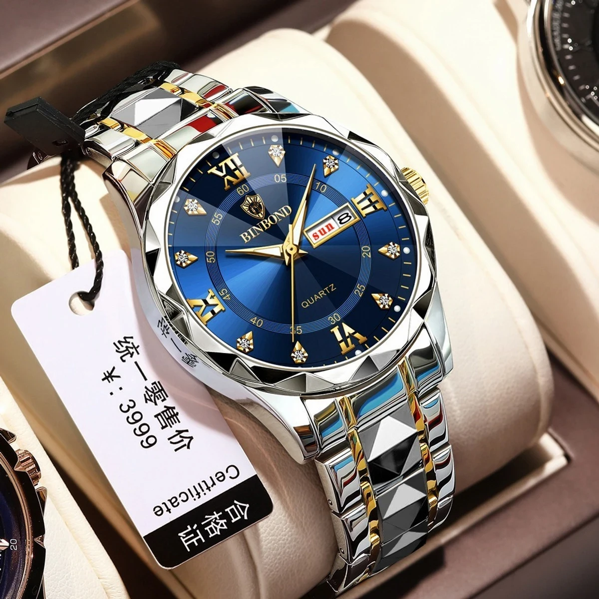 BINBOND NEW DIAMOND CUT DESIGN TOTON AR DIAL BLUE COLOUR WATCH for Men + এক পিস ব্যাটারি ফ্রি।