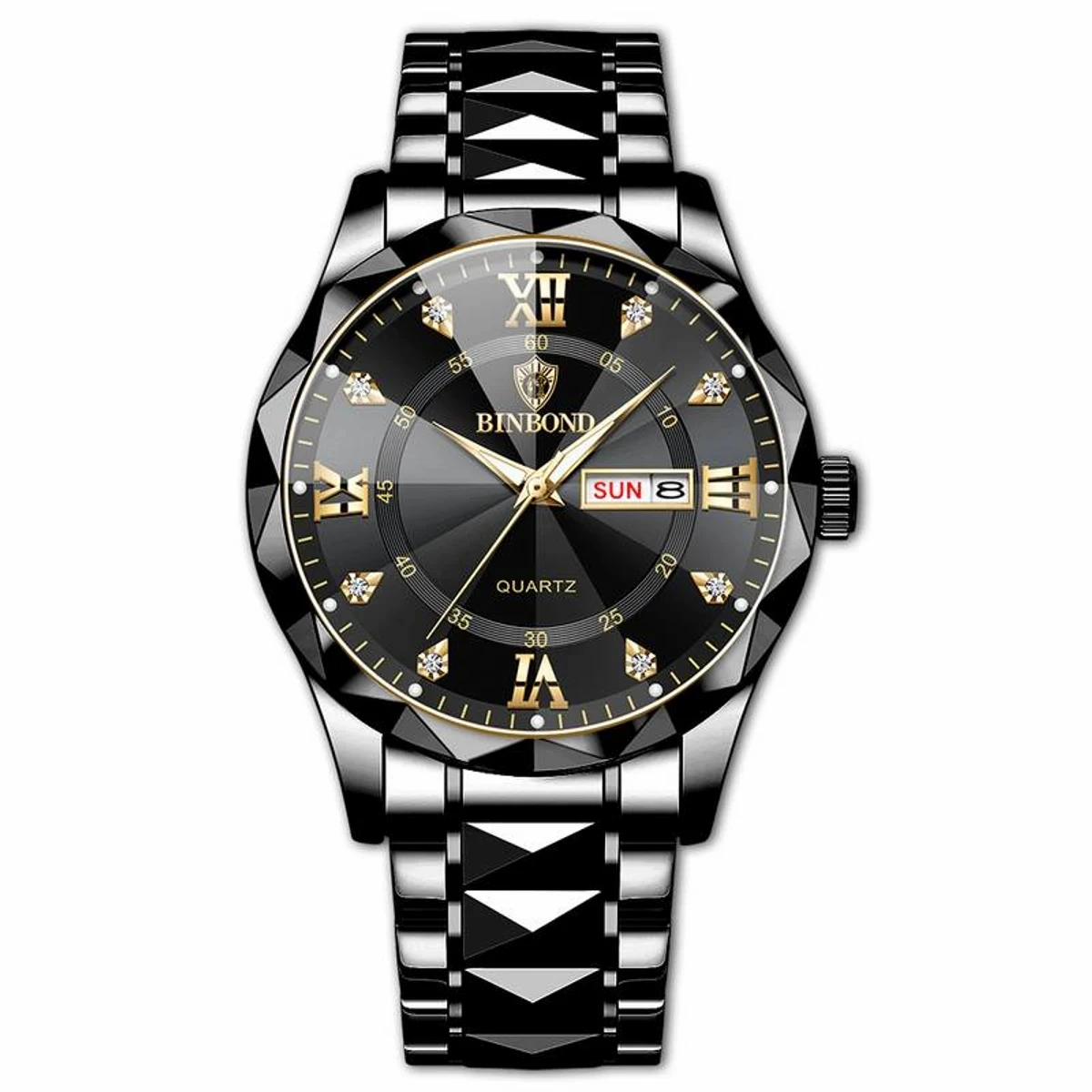 BINBOND NEW DIAMOND CUT DESIGN FULL BLACK COLOUR WATCH DIAL BLACK OR STONE GOLDEN WATCH MAN + এক পিস ব্যাটারি ফ্রি।