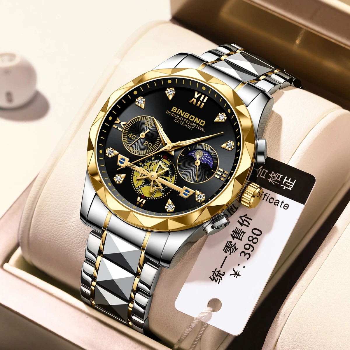 BINBOND Chronograph watch - Toton ar Dial Black COLOUR WATCH FOR MAN + এক পিস ব্যাটারি ফ্রি।