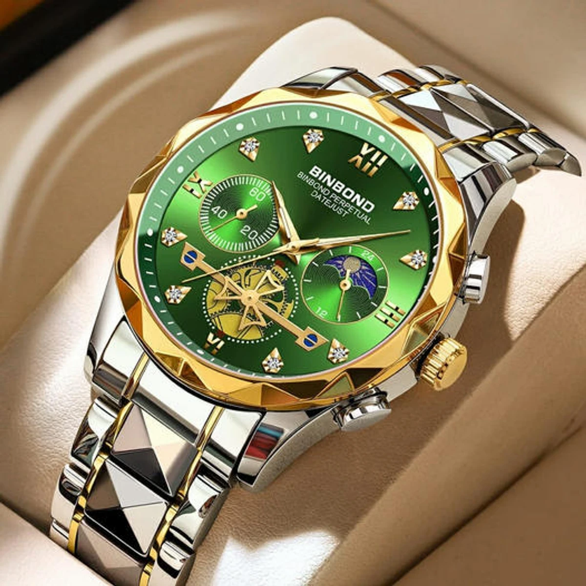 BINBOND Chronograph TOTON AR DIAL GREEN COLOUR WATCH FOR MAN + এক পিস ব্যাটারি ফ্রি।