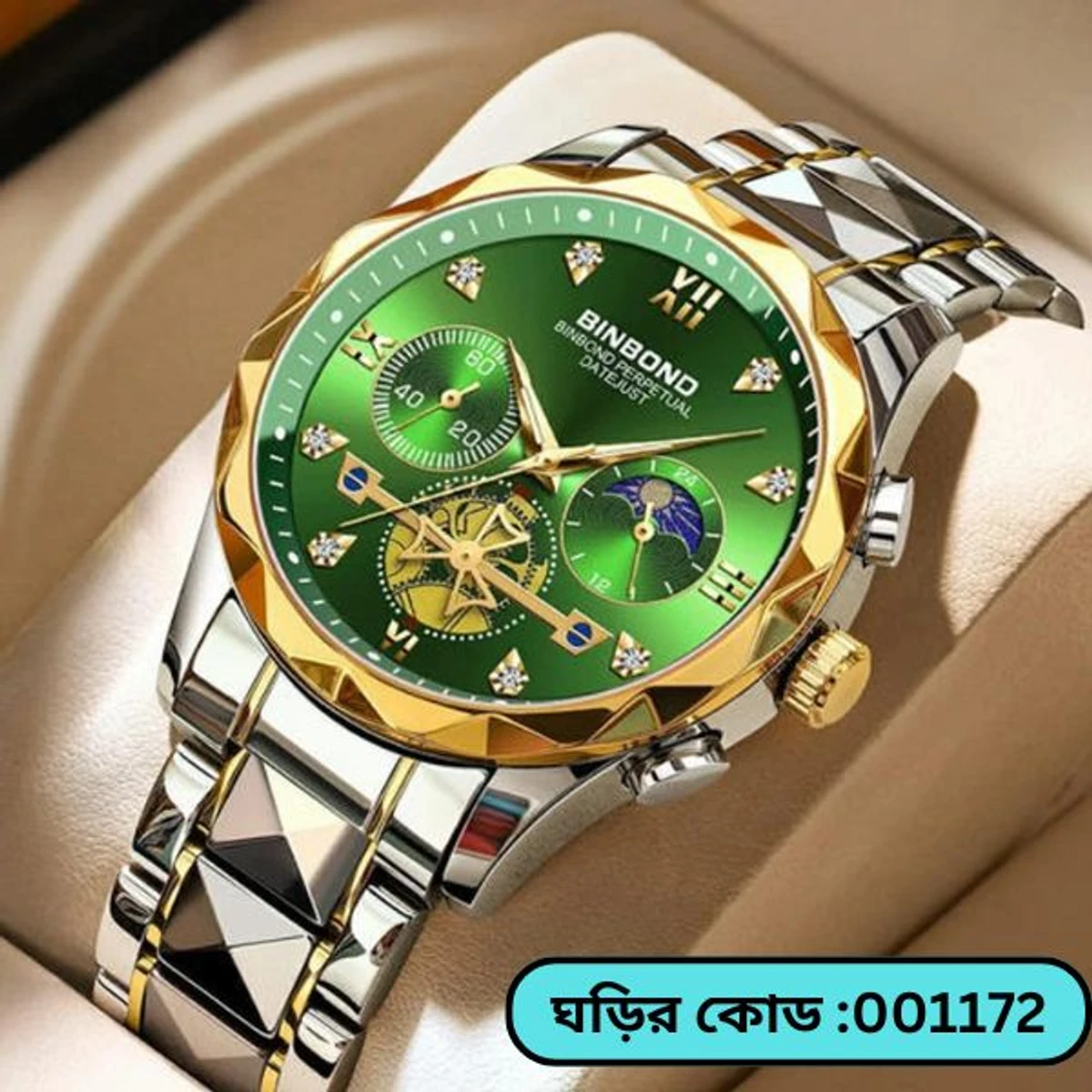 BINBOND Chronograph TOTON AR DIAL GREEN COLOUR WATCH FOR MAN + এক পিস ব্যাটারি ফ্রি।
