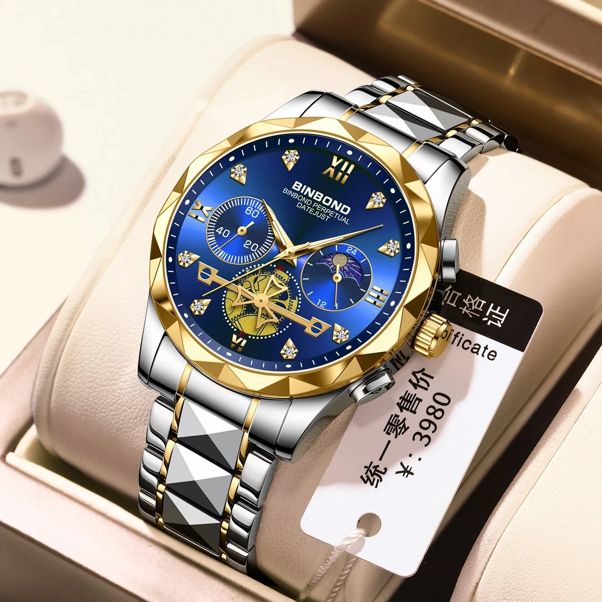 BINBOND Chronograph watch TOTON AR DIAL BLUE COLOUR WATCH MEN + এক পিস ব্যাটারি ফ্রি।