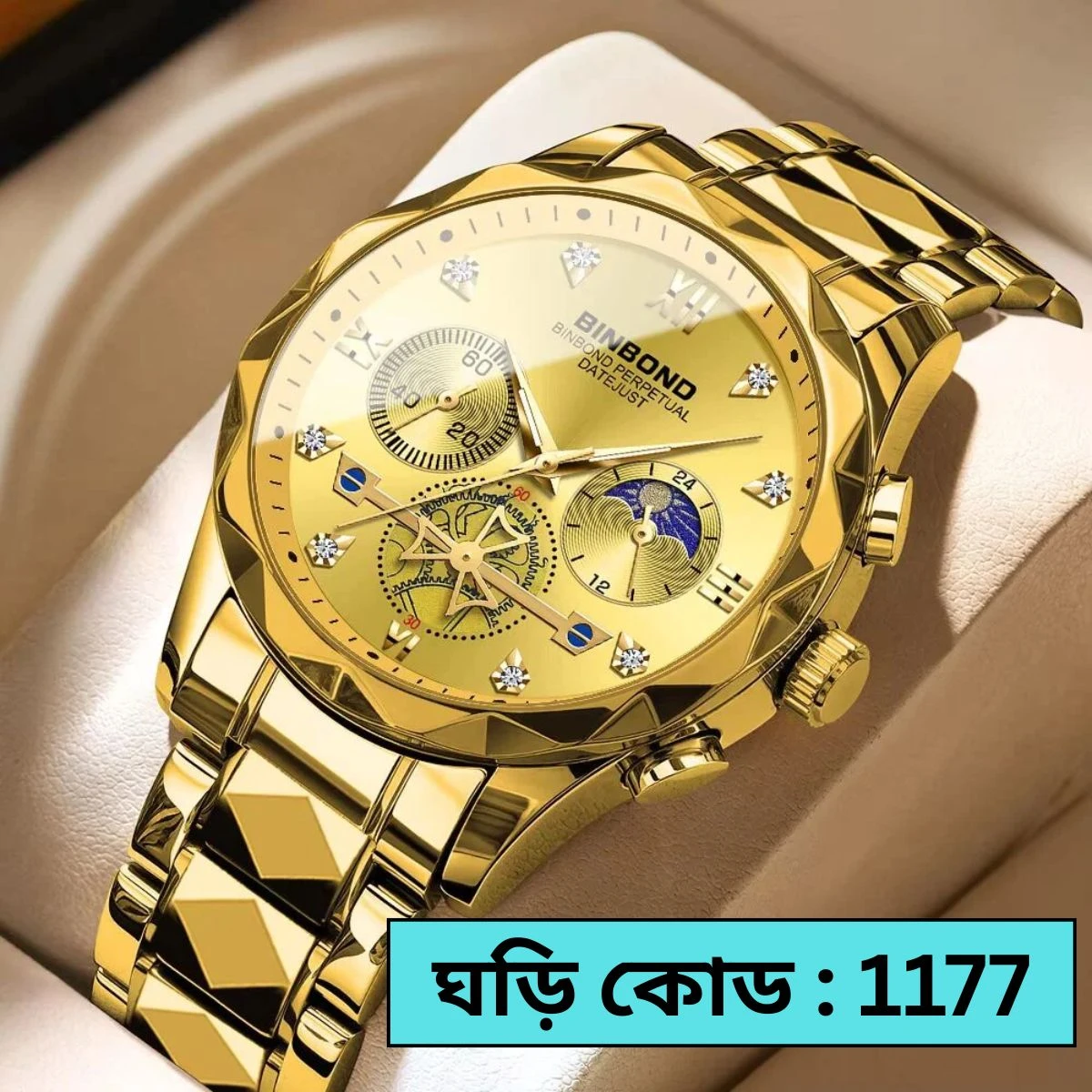 DIMOND CARD DEGAIN CHAIN BINBOND CHORNOGRAF  FULL GOLDEN  COLOUR WATCH LOCK PUSH - এক পিস ব্যাটারি ফ্রি