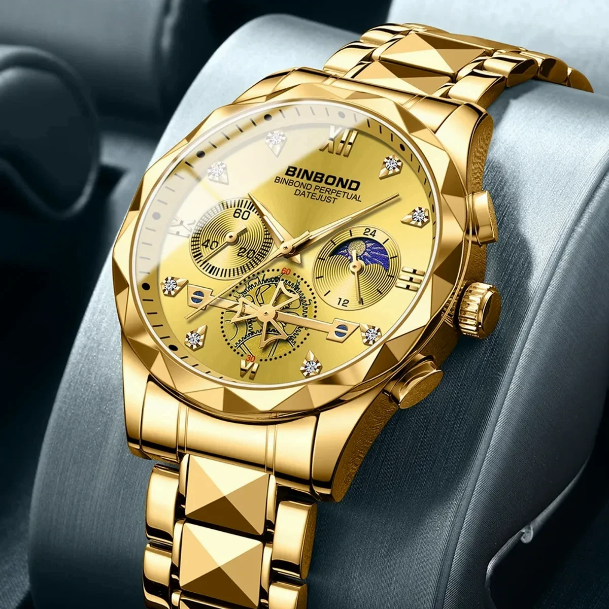 BINBOND Chronograph watch - Full Golden FOR MAN + এক পিস ব্যাটারি ফ্রি।
