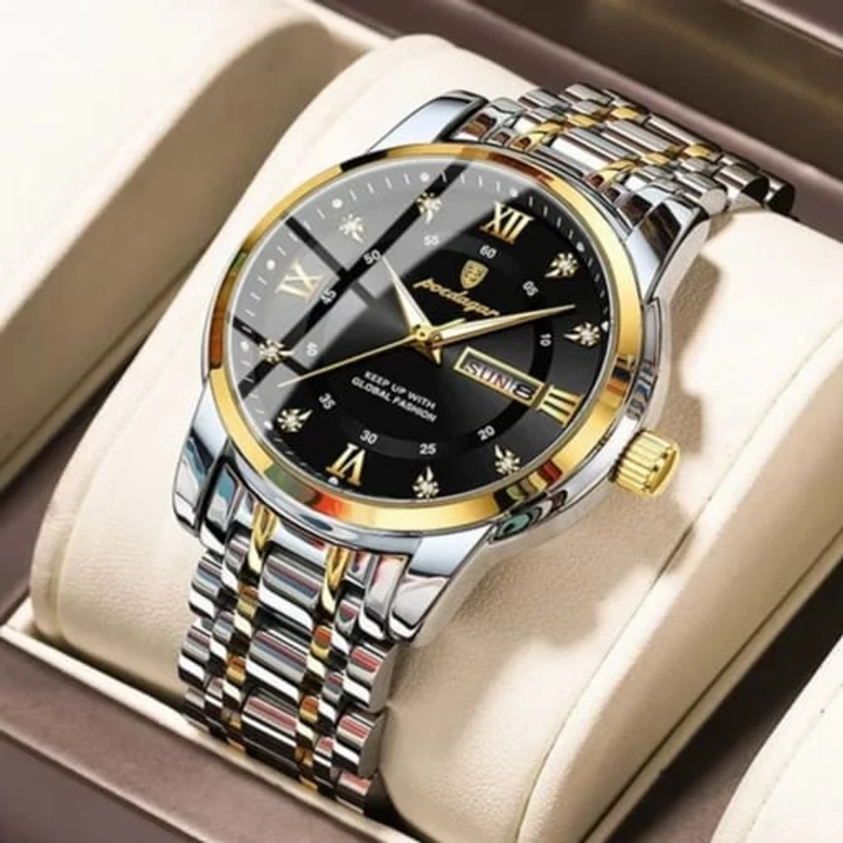 Poedagar Watch Model  936 Clone Watch For Men Stainless Steel Watches Toton ar Dial Black + এক পিস ব্যাটারি ফ্রি।