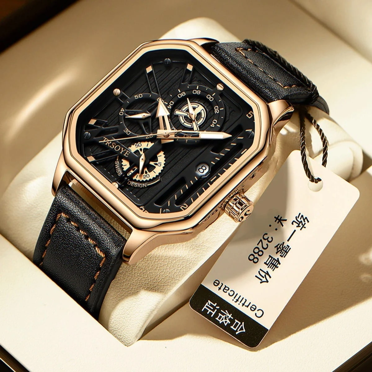TRSOYE WATCH BELT BLACK ROUND GOLDEN COOLER WATCH -  DATE WATCH ONE CHABI + এক পিস ব্যাটারি ফ্রি।