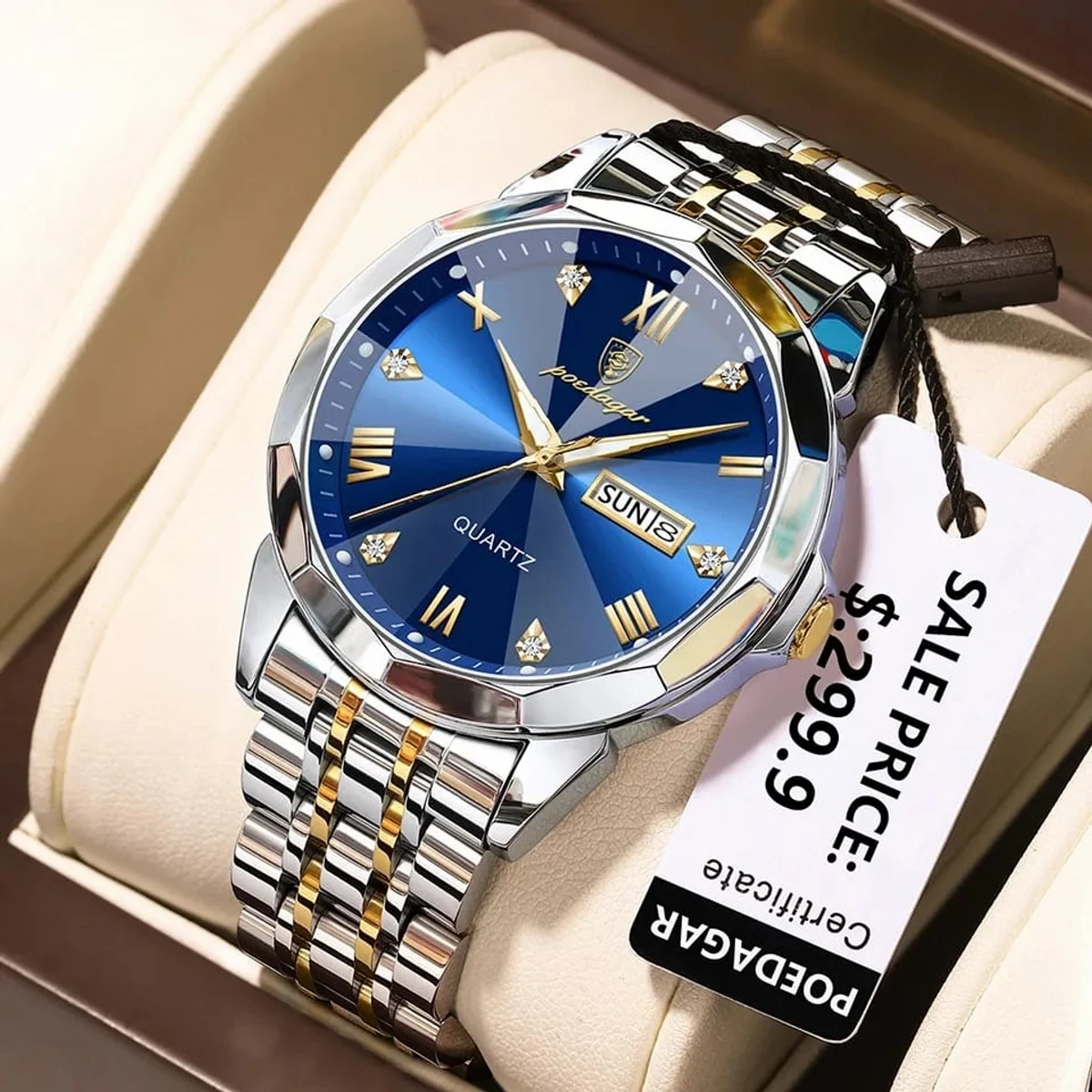 Luxury Men Watches Poydagor Model 810 Toton Ar Dial Blue Colour Watch + এক পিস ব্যাটারি ফ্রি।