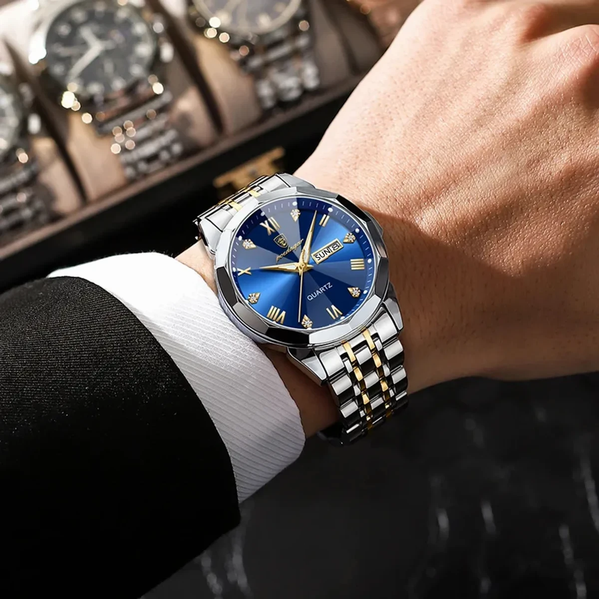Luxury Men Watches  Poydagor Model 810 Toton Ar Dial Blue  Colour Watch + এক পিস ব্যাটারি ফ্রি।