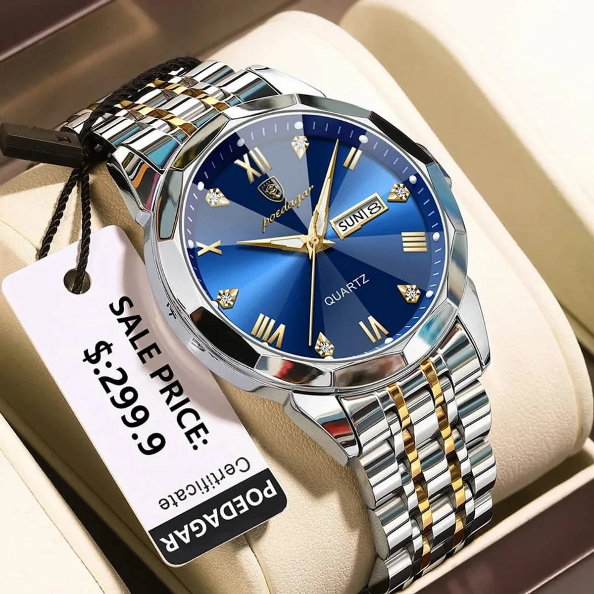 Luxury Men Watches Poydagor Model 810 Toton Ar Dial Blue Colour Watch + এক পিস ব্যাটারি ফ্রি।