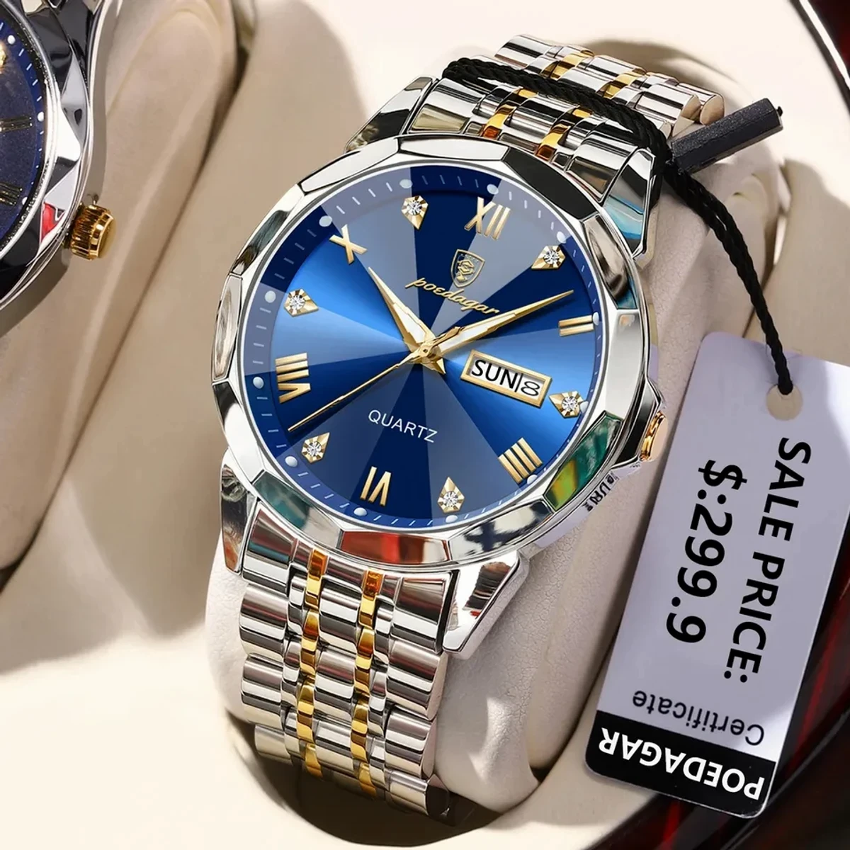Luxury Men Watches Poydagor Model 810 Toton Ar Dial Blue Colour Watch + এক পিস ব্যাটারি ফ্রি।