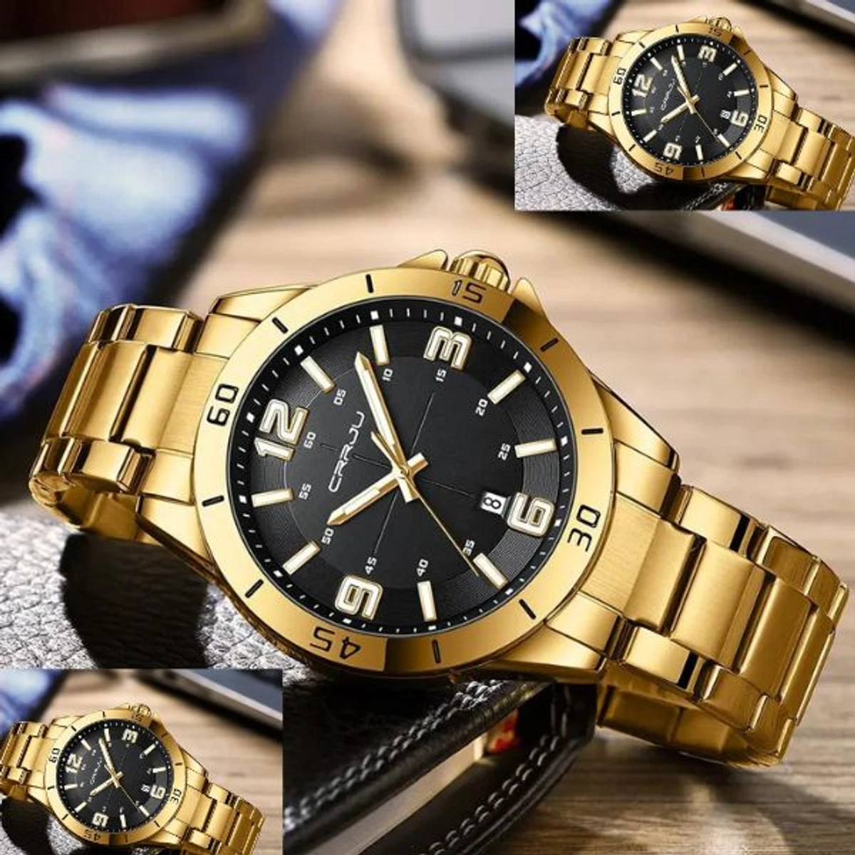 CRRJU MODEL 5003 Man’s Premium Quality Watch Golden Chain Dial Black Cooler Man Watch Date Shoho + এক পিস ব্যাটারি ফ্রি।