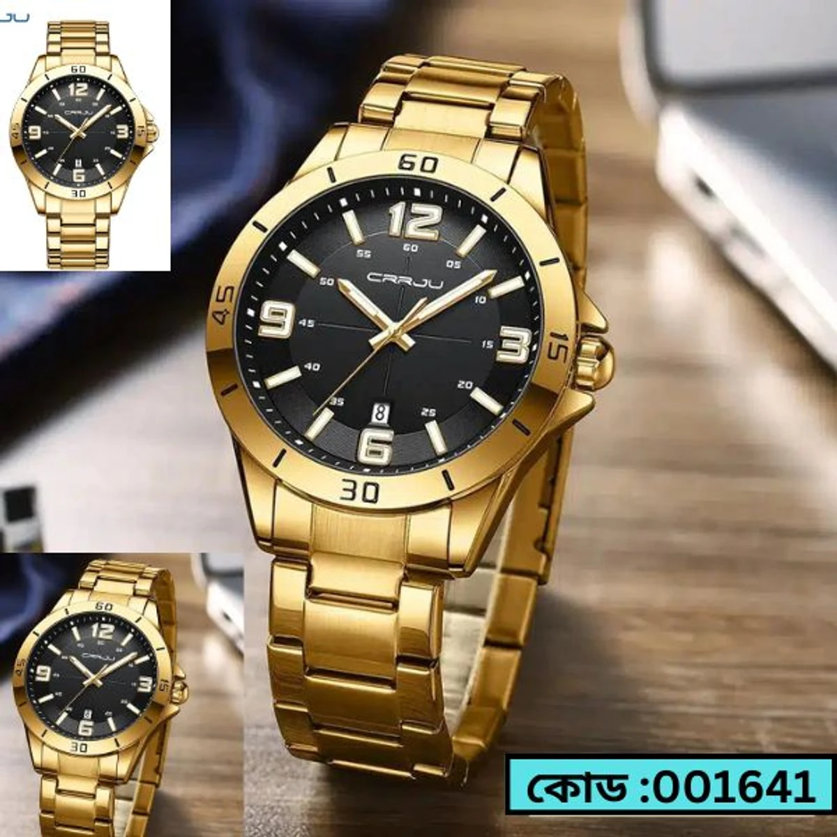 CRRJU MODEL 5003 Man’s Premium Quality Watch Golden Chain Dial Black Cooler Man Watch Date Shoho + এক পিস ব্যাটারি ফ্রি।