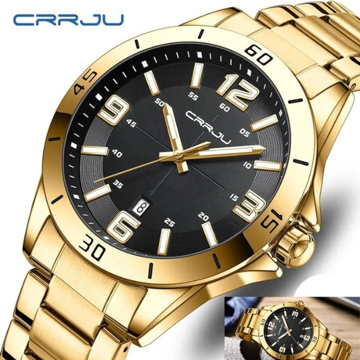 CRRJU MODEL 5003 Man’s Premium Quality Watch Golden Chain Dial Black Cooler Man Watch Date Shoho + এক পিস ব্যাটারি ফ্রি।