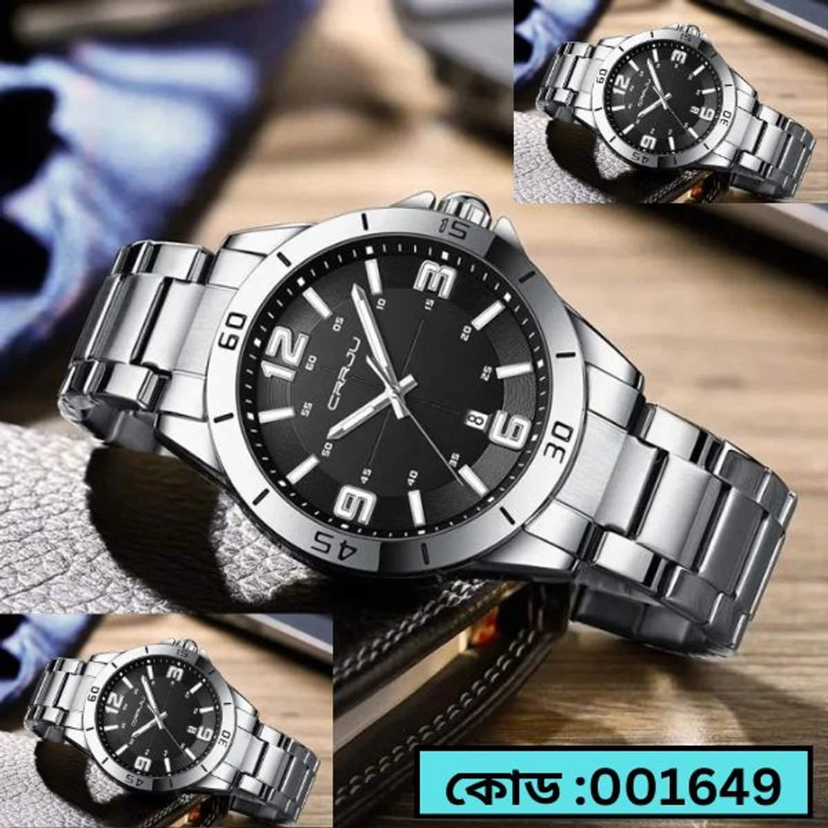 CRRJU MODEL 5003 Man’s Premium Quality Watch Silver Chain Dial Black Cooler Man Watch Date Shoho + এক পিস ব্যাটারি ফ্রি।