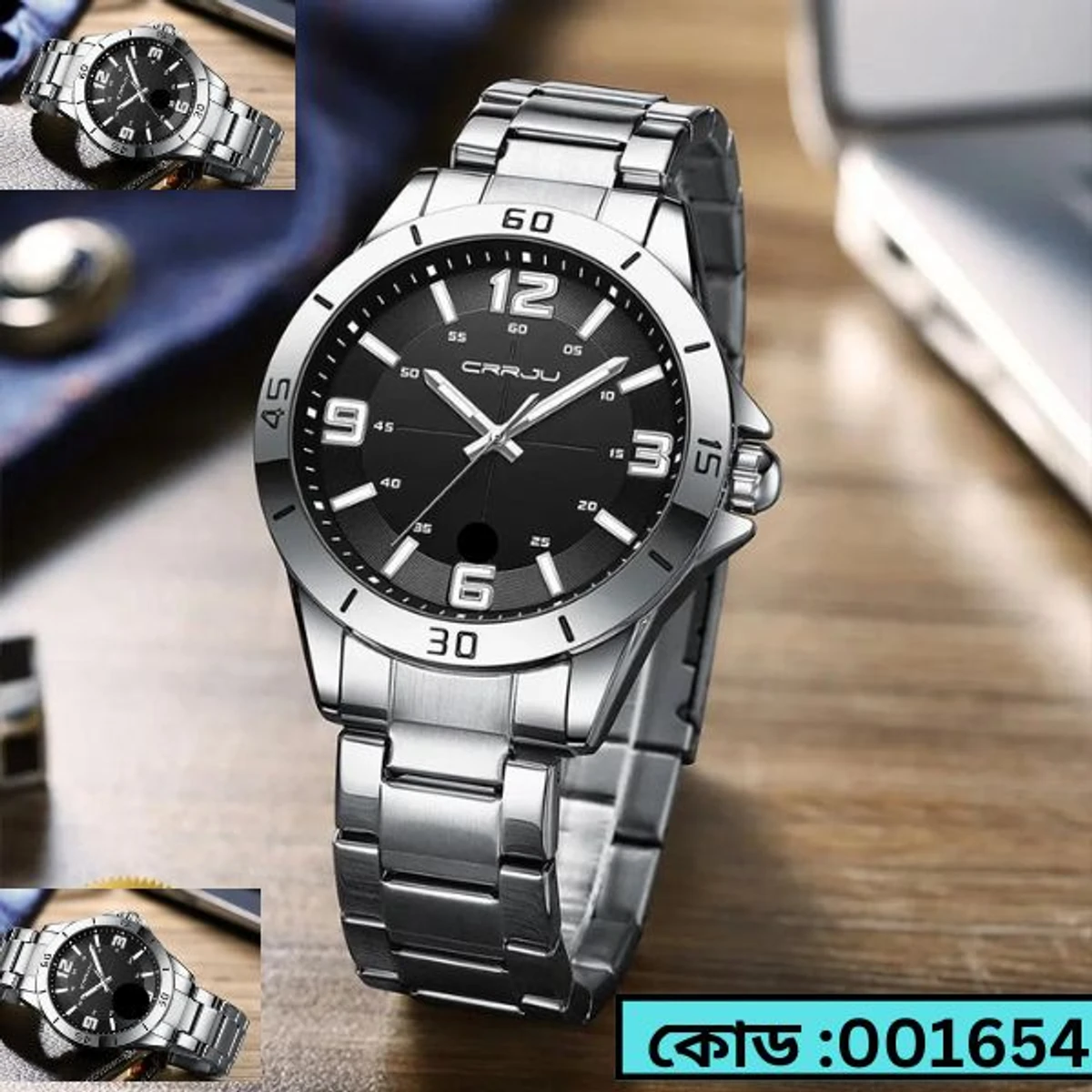 CRRJU MODEL 5003 Man’s Premium Quality Watch Silver Chain Dial Black Cooler Man Watch + এক পিস ব্যাটারি ফ্রি।