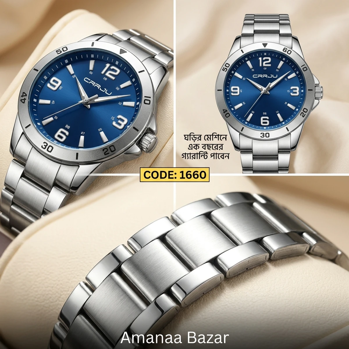 CRRJU MODEL 5003 Man’s Premium Quality Watch Silver Chain Dial Blue Cooler Man Watch