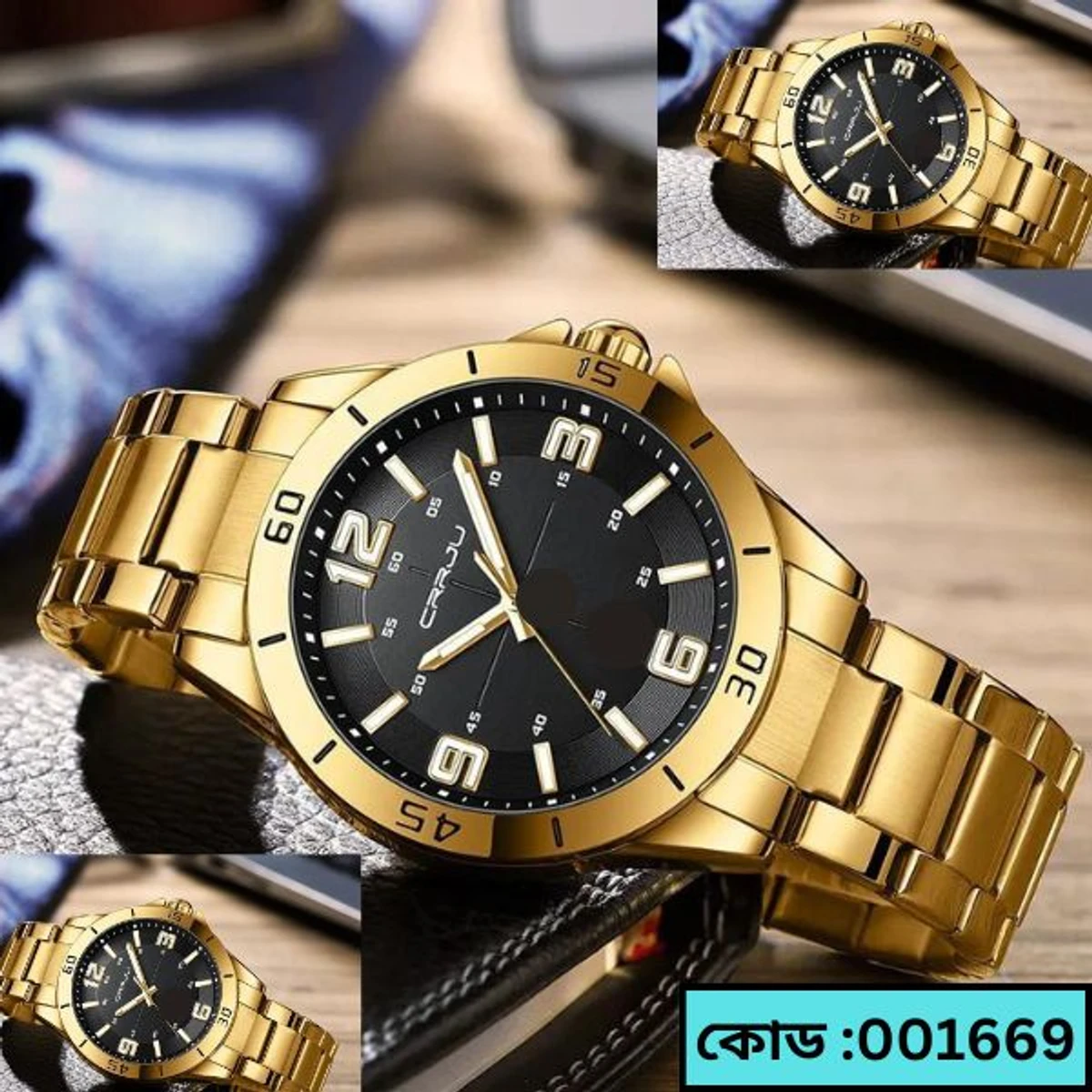 CRRJU MODEL 5003 Man’s Premium Quality Watch Golden Chain Dial Black Cooler Man Watch + এক পিস ব্যাটারি ফ্রি।