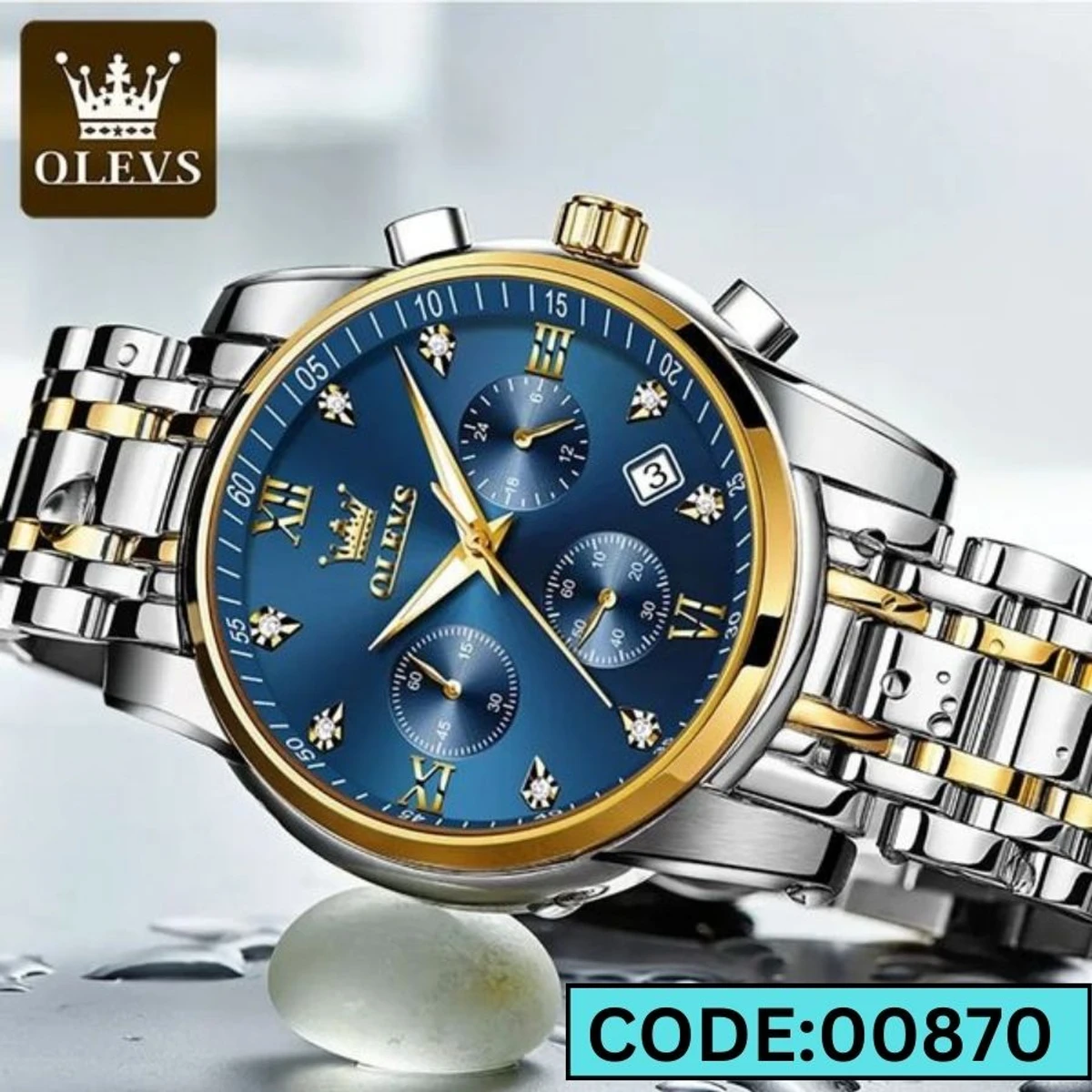 OLEVS MODEL 2858 Watch for Men Stainless Steel Watches - 2858 TOTON AR DIAL BLUE ROUND GOLDEN - MAN WATCH + এক পিস ব্যাটারি ফ্রি।
