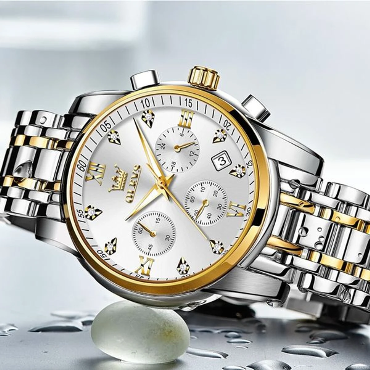 OLEVS MODEL 2858 Watch for Men Stainless Steel Watches - 2858 TOTON AR DIAL WHITE ROUND GOLDEN COOLER WATCH - MAN WATCH + এক পিস ব্যাটারি ফ্রি।