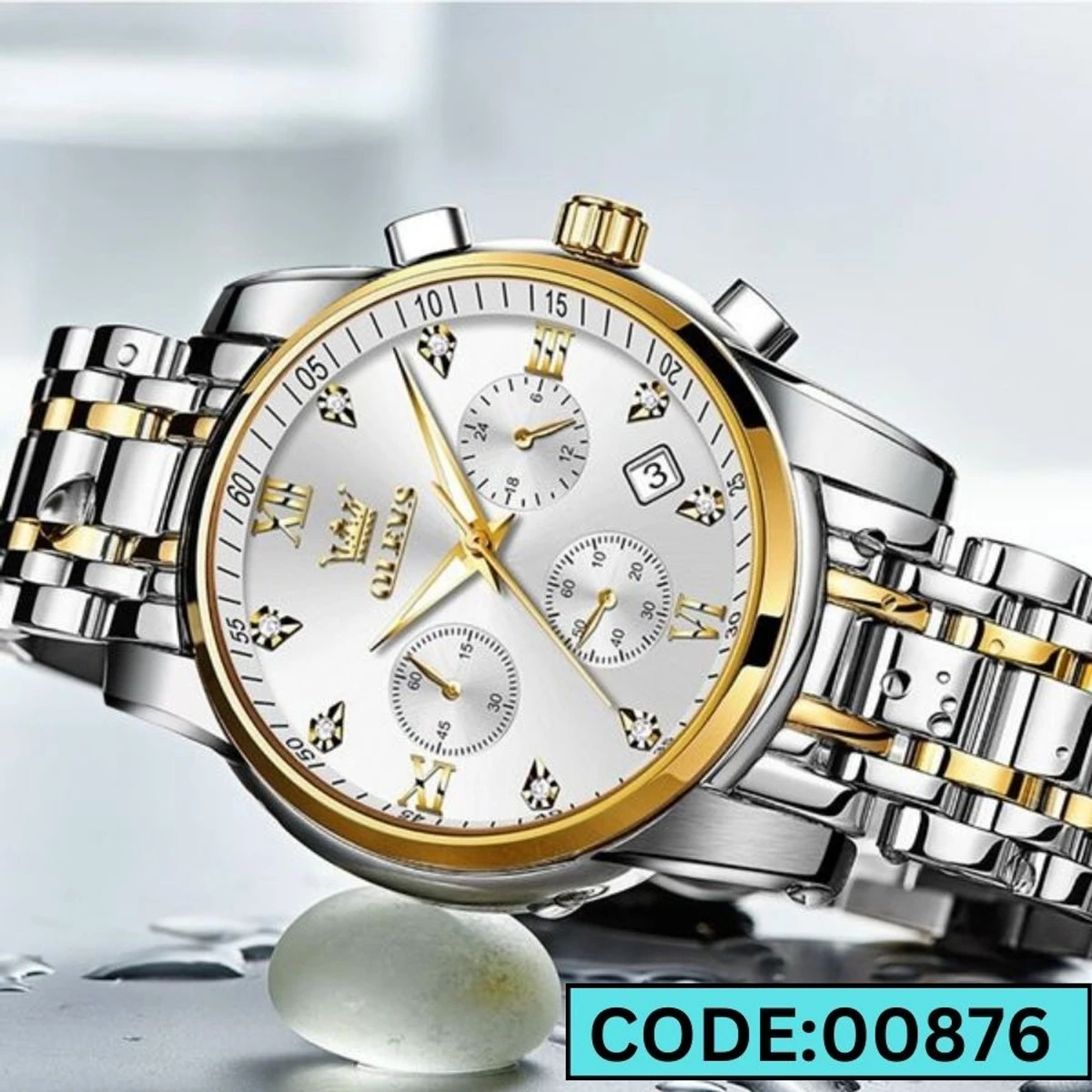 OLEVS MODEL 2858 Watch for Men Stainless Steel Watches - 2858 TOTON AR DIAL WHITE ROUND GOLDEN COOLER WATCH - MAN WATCH + এক পিস ব্যাটারি ফ্রি।