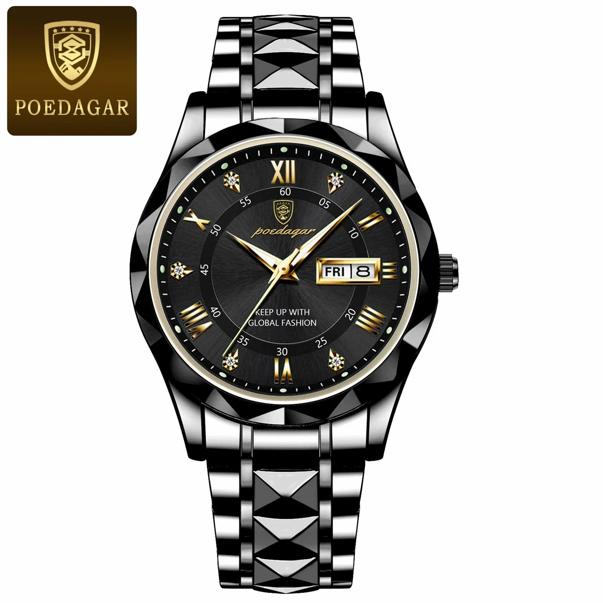 POEDAGAR MODEL 615 WATCH FULL BLACK BUTTERFLY LOCK   + এক পিস ব্যাটারি ফ্রি।