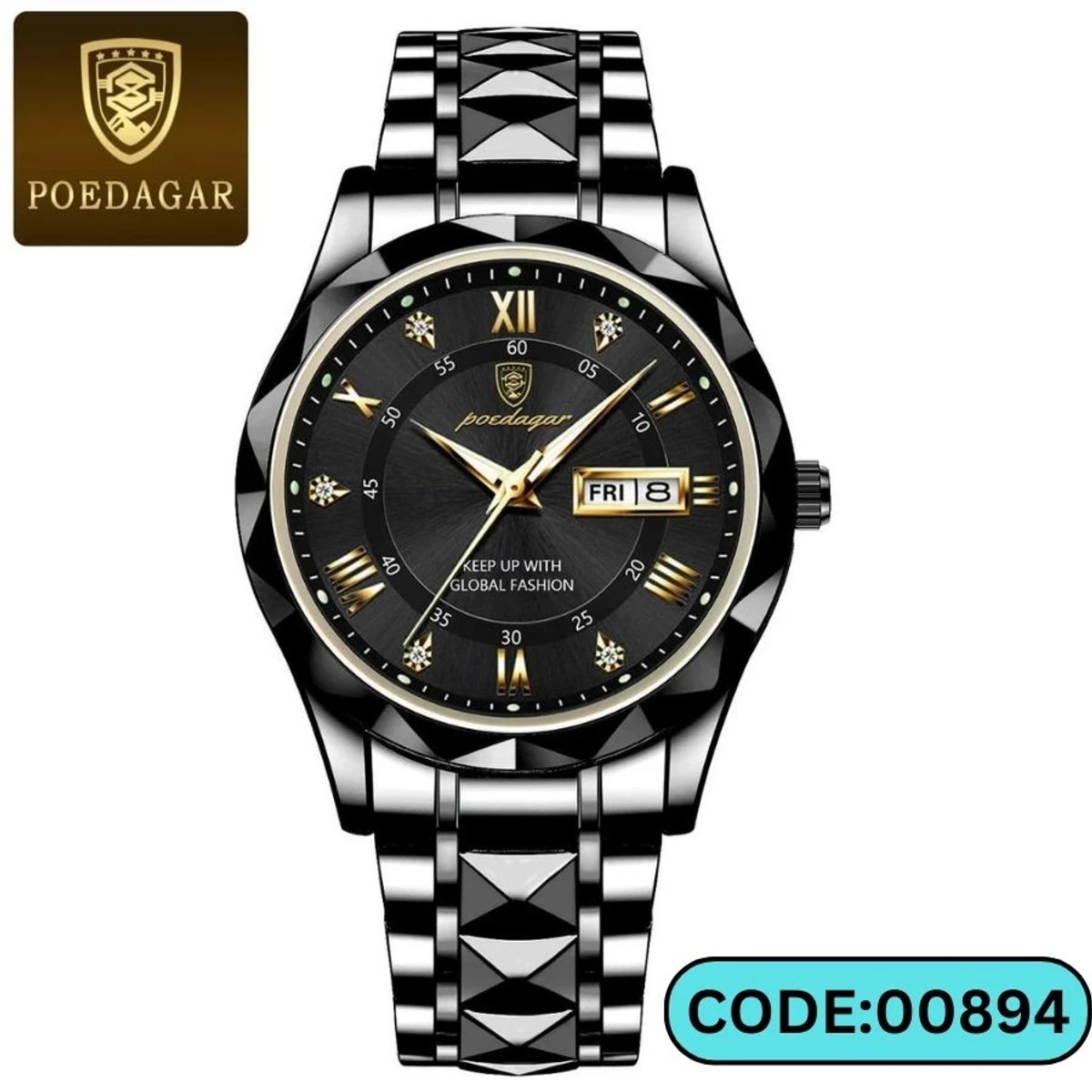 POEDAGAR MODEL 615 WATCH FULL BLACK BUTTERFLY LOCK   + এক পিস ব্যাটারি ফ্রি।