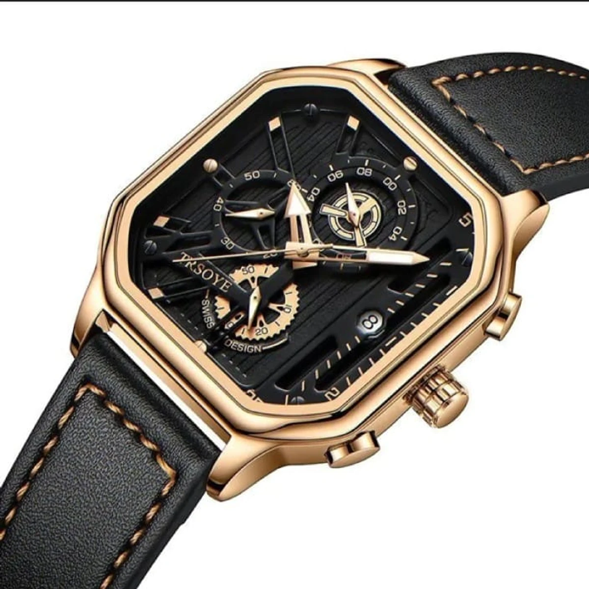 TRSOYE WATCH CODE 628 FASHION WATCH FOR MEN BELT 628 TRSOYE BELT BLACK ROUND GOLDEN COOLER WATCH + এক পিস ব্যাটারি ফ্রি।