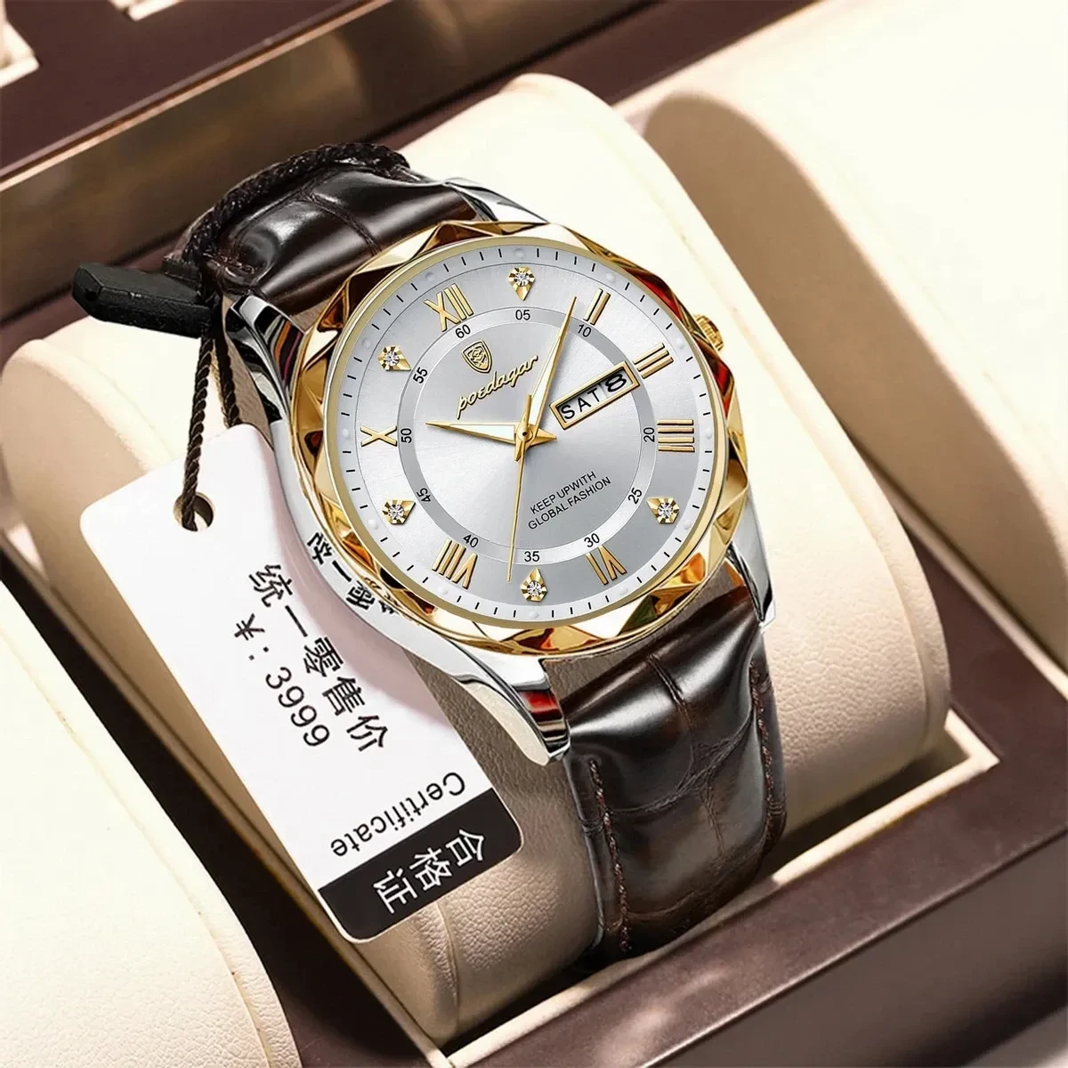 POEDAGAR 615 WATCH BELT BROWN ROUND GOLDEN  DIAL WHITE  FOR MAN