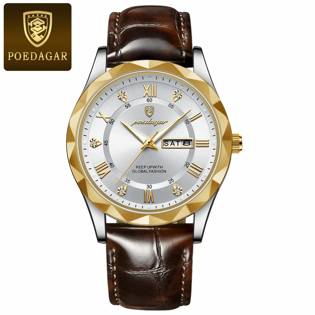 POEDAGAR 615 WATCH BELT BROWN ROUND GOLDEN DIAL WHITE FOR MAN + এক পিস ব্যাটারি ফ্রি।