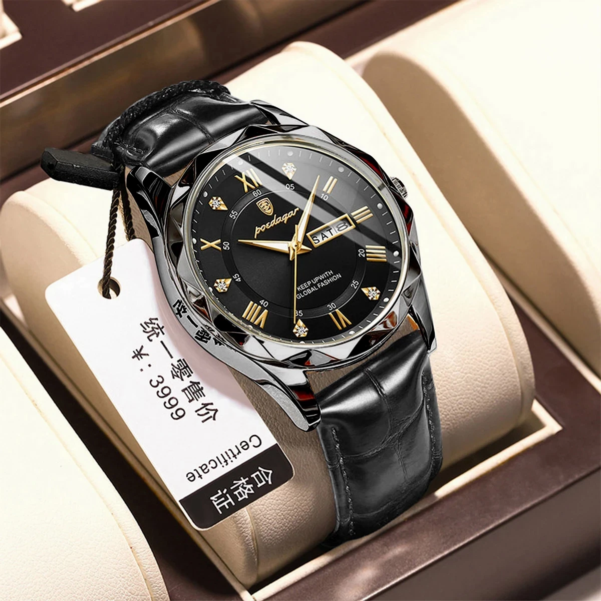 POEDAGAR 615 WATCH BELT BLACK ROUND BLACK DIAL BLACK WATCH + এক পিস ব্যাটারি ফ্রি।